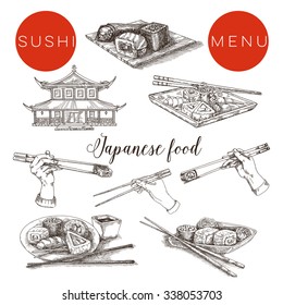 Sushi menu, Japanese breakfast, vector illustration