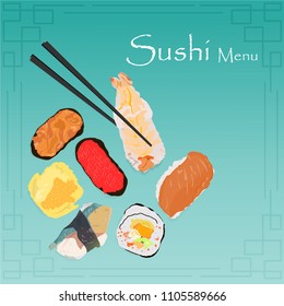 Sushi menu Japanese food design with art illustration cartoon on green background