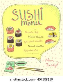 Sushi menu list design, hand drawn vector illustration