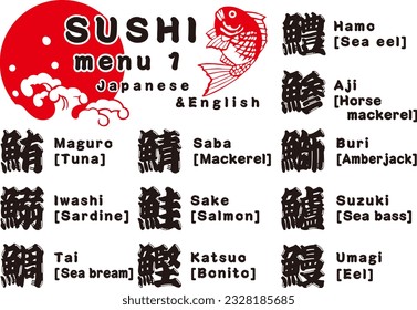 Nombres de menú sushi, japonés e inglés