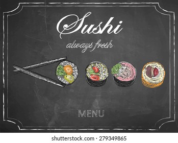 Sushi menu on chalkboard background, vector, illustration, freehand