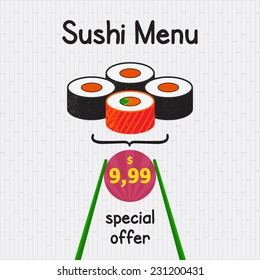 Sushi Menu poster with rolls on a bamboo background. Special offer
