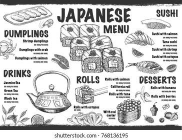 Sushi menu for restaurant and cafe.