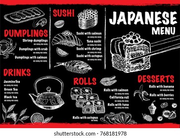 Sushi menu for restaurant and cafe.