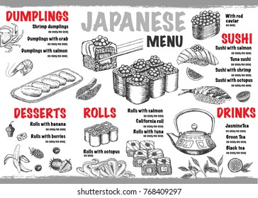Sushi menu for restaurant and cafe.
