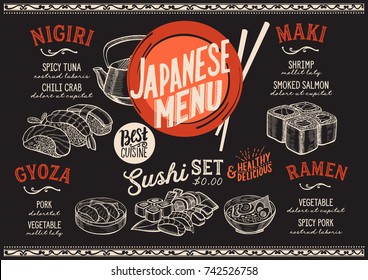 Sushi menu for restaurant and cafe. Design template with food hand-drawn graphic illustrations.