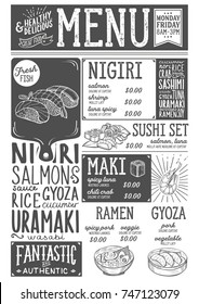 Sushi menu for restaurant and cafe. Design template with food hand-drawn graphic illustrations.