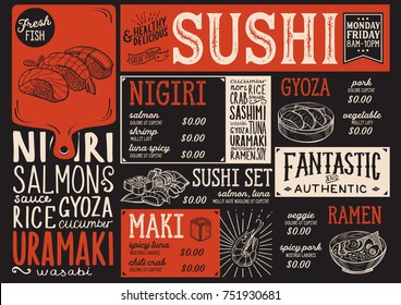 Sushi menu for restaurant and cafe. Design template with food hand-drawn graphic illustrations.