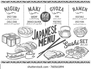 Sushi menu for restaurant and cafe. Design template with food hand-drawn graphic illustrations.