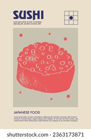 Sushi menu, restaurant of japanese cuisine colored bright advertising poster in vintage style vector illustration. Layered, separate grunge textures and text