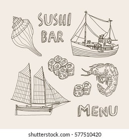 sushi. menu. set of vintage elements
