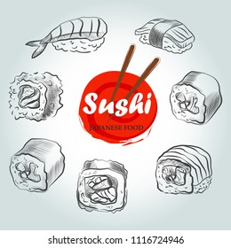 Sushi menu sketch cover.Vector clip art illustration.