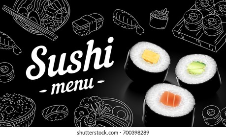 Sushi menu sketch cover.Vector clip art illustration.