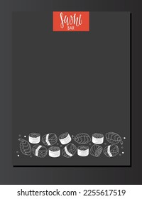 Sushi menu template with asian food doodle sketch for Invitation, cover, brochure design with copy space. Special Japanese restaurant bar menu design. Vector illustration on black background.