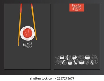 Sushi menu template with sushi doodle sketch, Calligraphy lettering label. Two sides. Special Japanese restaurant bar menu design, Invitation, cover, brochure. Vector illustration on black background.