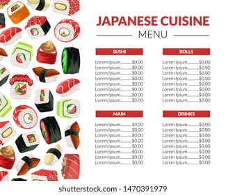 Sushi Menu Template for Restaurant, Bar or Cafe, Japanese Seafood Brochure with Asian Food Seamless Pattern Vector Illustration