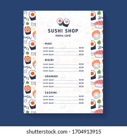 Menú de sushi, plantilla vectorial para tienda de sushi, cafetería o restaurante, disposición de la carta, dibujos de doodle de maki, nigiri y rollos de uramaki, folleto o folleto con comida tradicional japonesa