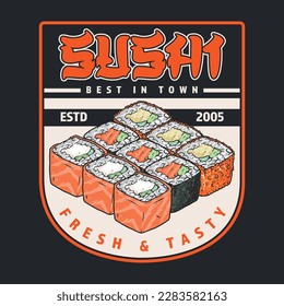 Sushi menu vintage colorful emblem with set of maki rolls delivered from cafe with traditional Japanese cuisine vector illustration