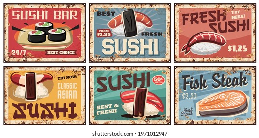 Sushi metal plates or retro posters, Japanese food cuisine and bar menu. Japanese sushi and rolls with salmon, shrimp or squid and nori seaweed with fish steak, restaurant lunch menu rusty plates