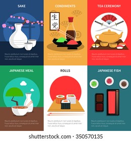 Sushi mini poster set with japanese meal fish and condiments isolated vector illustration