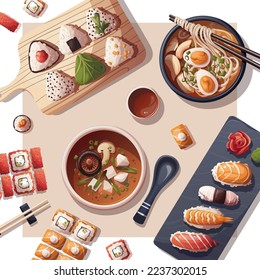 Sushi, Miso soup, ramen, onigiri. Japanese food, healthy eating, cooking, menu concept. Vector illustration. Square card, cover, poster.