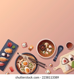 Sushi, Miso soup, ramen, onigiri. Japanese food, healthy eating, cooking, menu concept. Vector illustration. Square card, cover, poster.