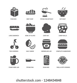 Sushi Mix, Bowl of Olives, Frying Pan, Foamy Beer Jar, Beef Chop, Hot Soup icon 16 set EPS 10 vector format. Icons optimized for both large and small resolutions.