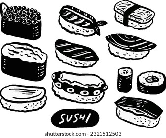 Sushi monochromatic hand-drawn mark-style illustration set	