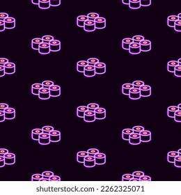 Sushi Neon Seamless Pattern. Vector Illustration of Japanese Food Glowing Led Lamp Electric Background.