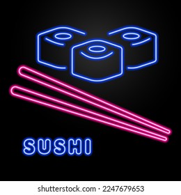 sushi neon sign, modern glowing banner design, colorful modern design trends on black background. Vector illustration.