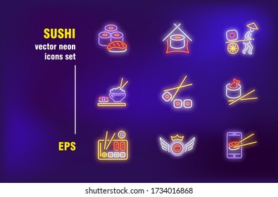 Sushi neon signs set. Chopsticks, rice and fish. Vector illustrations for bright billboards. Asian food and nutrition concept