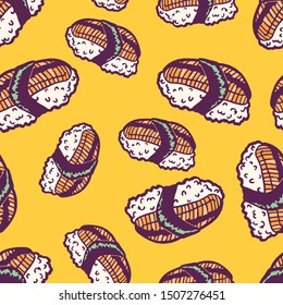 Sushi nigiri. Eel fillet with nori seaweed. Seafood and rice. Traditional Asian Japanese bento dish. Vintage retro style. Seamless background with pattern.