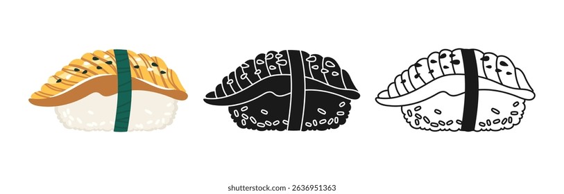 Sushi Nigiri with eel symbol cartoon set. Traditional Asian Japanese food linear doodle icon. Sushi seafood vector illustration. Stylized doodle design sign for oriental menu, cafe, bar, restaurant