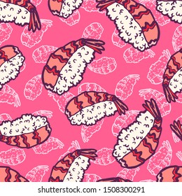Sushi nigiri. Fresh shrimp with tail. Seafood and rice. Traditional Asian Japanese bento dish. Vintage retro style. Seamless background with pattern.