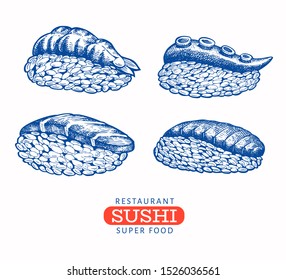 Sushi nigiri hand drawn vector illustrations. Japanese cuisine elements retro style. Asian food background.