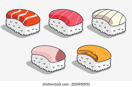Sushi, Nigiri, Japanese foods, Salmon, Tuna, Hamachi, Sweet Egg (Tamago). Cute sushi design, Clear vector, and perfect groups (No massy in this file).  saperately from back ground.