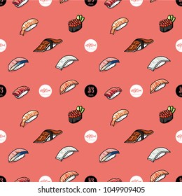 Sushi Nigiri, Japanese traditional food, cuisine dishes,salmon, maguro, ikura, unagi,squid,gunkanmaki, 
Seamless pattern background vector illustration- pink color