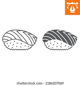 Línea Sushi nigiri e icono sólido, icono de estilo de contorno para sitio web o aplicación móvil, salmón y arroz, icono de vector nigiri, simple ilustración vectorial, gráficos vectoriales con trazos editables.