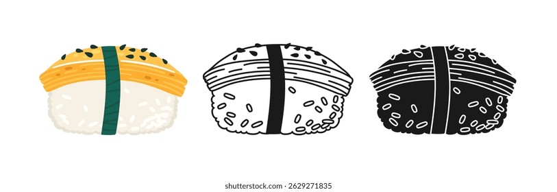 Sushi Nigiri com conjunto de desenho animado símbolo omelete. Ícone tradicional japonês de doodle linear de comida asiática. Ilustração do vetor de frutos do mar de Sushi. Sinal estilizado de design de doodle para menu oriental, café, bar, restaurante