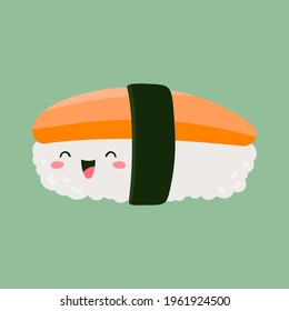 Sushi nigiri with salmon. Cute character design. Vector cartoon illustration isolated on green background.