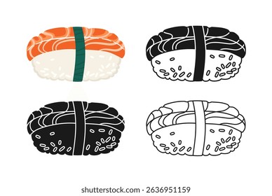 Sushi Nigiri with salmon symbol cartoon set. Traditional Asian Japanese food linear doodle icon. Sushi seafood vector illustration. Stylized doodle design sign for oriental menu, cafe, bar, restaurant