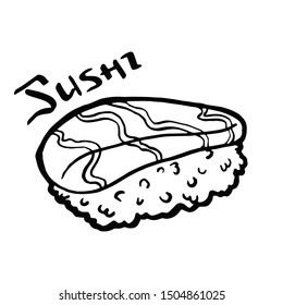 Sushi nigiri. Seafood and rice. Fresh raw salmon. Traditional Asian Japanese bento dish. Isolated clipart set. Vintage retro style. Isolated clipart set.