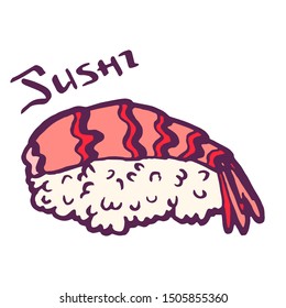 Sushi nigiri. Seafood and rice. Fresh shrimp with tail. Traditional Asian Japanese bento dish. Isolated clipart set. Vintage retro style. Isolated clipart set.