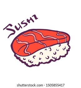Sushi nigiri. Seafood and rice. Fresh raw salmon. Traditional Asian Japanese bento dish. Isolated clipart set. Vintage retro style. Isolated clipart set.