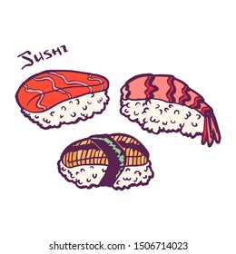 Sushi nigiri. Seafood and rice. Traditional Asian Japanese bento dish. Isolated clipart set. Vintage retro style. Isolated clipart set. Fresh raw salmon. Fresh shrimp with tail. Eel fillet with nori.