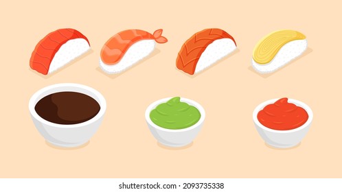 Sushi nigiri with shrimp. Sushi set. Isometric sushi icons on white background. Rolls with caviar of red fish, with salmon. 