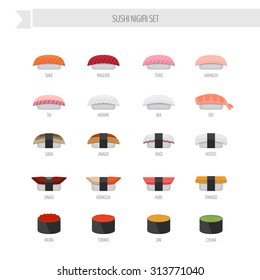 Sushi nigiri vector set. Flat style icon.