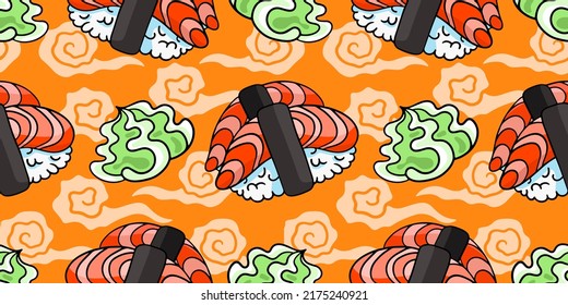 Sushi nigiri and wasabi, vector seamless pattern in the style of doodles, hand drawn