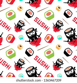 Sushi ninja with chinese sticks seamless pattern on a white background