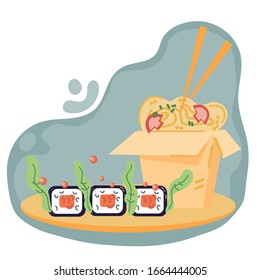 Sushi and noodles on abstract bubble background. Japanese food restaurant logo element. Symbol for asian food menu. Flat vector illustration isolated.